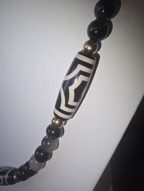 Graphic Black and Off White Beaded Necklace with Gold Accents